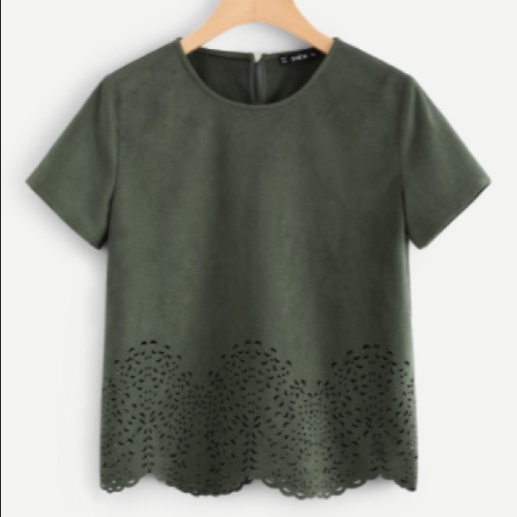 SHEIN Tops - Shein Faux Suede Scallop Laser Cut Top Green Small